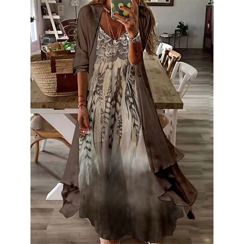 Women's Long Dress Maxi Dress Casual Dress Dress Set Two Piece Dress Shift Dress Fashion Outdoor Daily Going out Loose Fit Ombre Tribal Flower Long Sleeve V Neck Pink Brown Green Apricot Summer Spring2