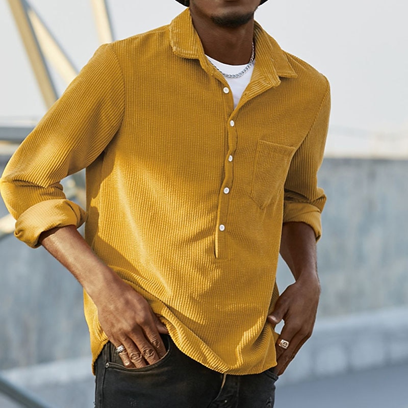 Men's Summer Shirt Casual Shirt Corduroy Shirt Yellow Red & White Long Sleeve Plain Lapel Outdoor Daily Wear Button Clothing Apparel Casual Comfort
