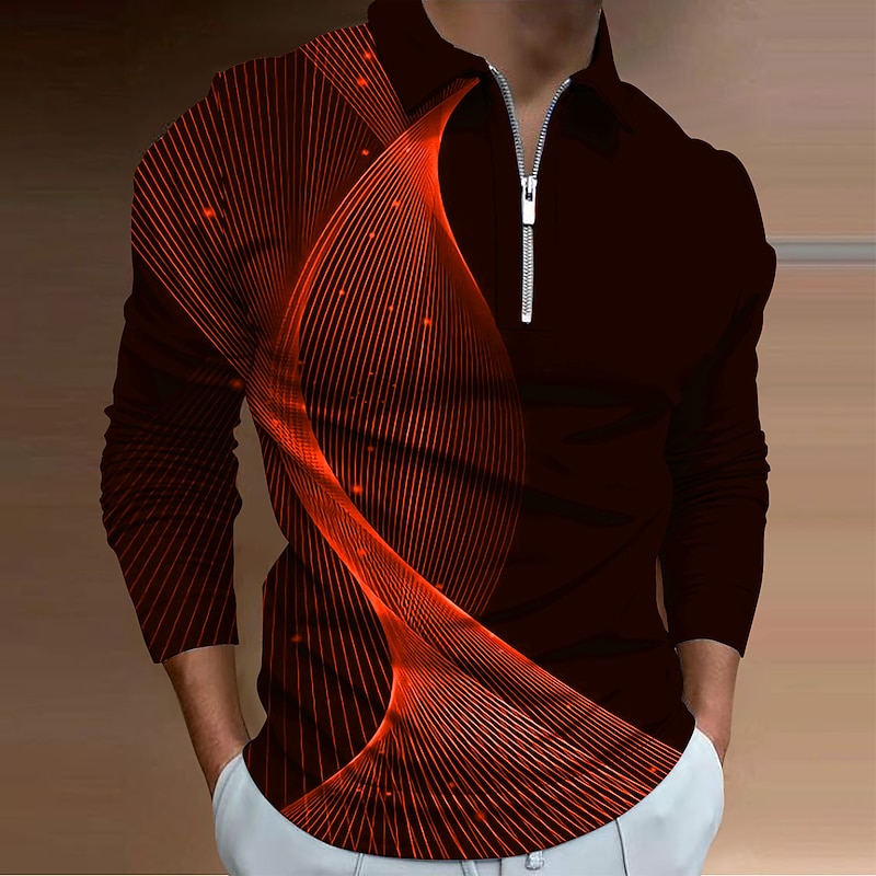 Men's Geometric Zip Polo Shirts Golf Shirt Long Sleeve Polo Shirts Collared Shirts Business Casual Vacation Wear Formal Wear Festival Wear 3D Print Quarter Zip Polo Yellow Red Blue3