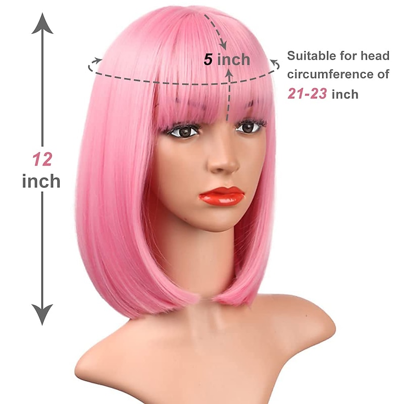 Pink Bob Wigs with Bangs 12 Inch Short Straight Bob Wigs Colorful Synthetic Cosplay Daily Party Wig for Women3