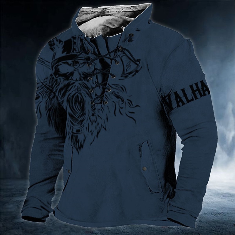Men's Cartoon Viking Warrior Graphic Prints Sweatshirt Pullover Long Sleeve Sweatshirt Standing Collar Streetwear Designer Basic 3D Print Sports & Outdoor Casual Daily Lace up Spring &  Fall3