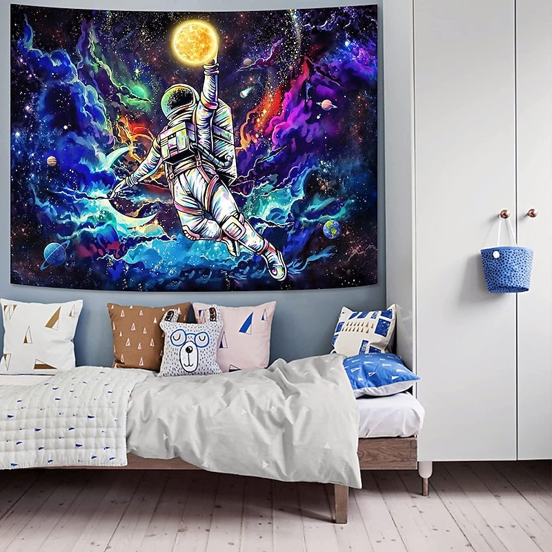 Astronaut Blacklight UV Reactive Wall Tapestry Moon Basketball Art Decor Blanket Curtain Picnic Tablecloth Hanging Home Bedroom Living Room Dorm Decoration Gift Polyester3
