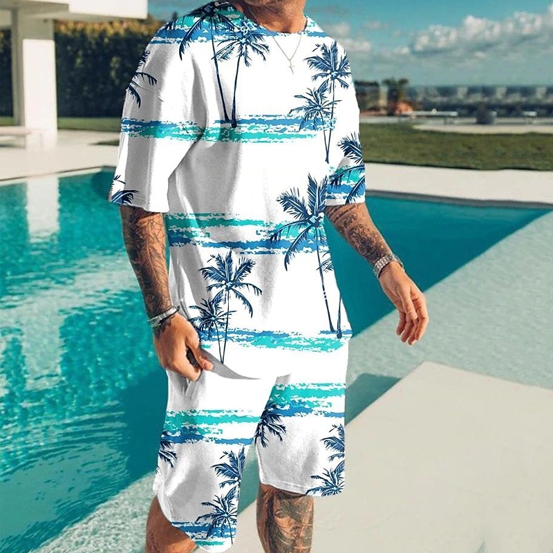 Men's Graphic Coconut Tree 2pcs Tees sets Matching Sets Short Sleeve Short Pants Crew Neck Designer Casual Comfortable Outdoor Vacation Daily 3D Print Spring & Summer Yellow Blue Purple2