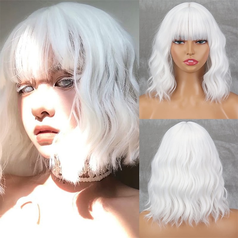 Short White Wig with Bangs Wavy White Hair Wigs for Women Synthetic Wavy Bob White Shoulder Length Wigs Natural Looking Heat Resistant Fiber Wig for Daily Party Cosplay Use