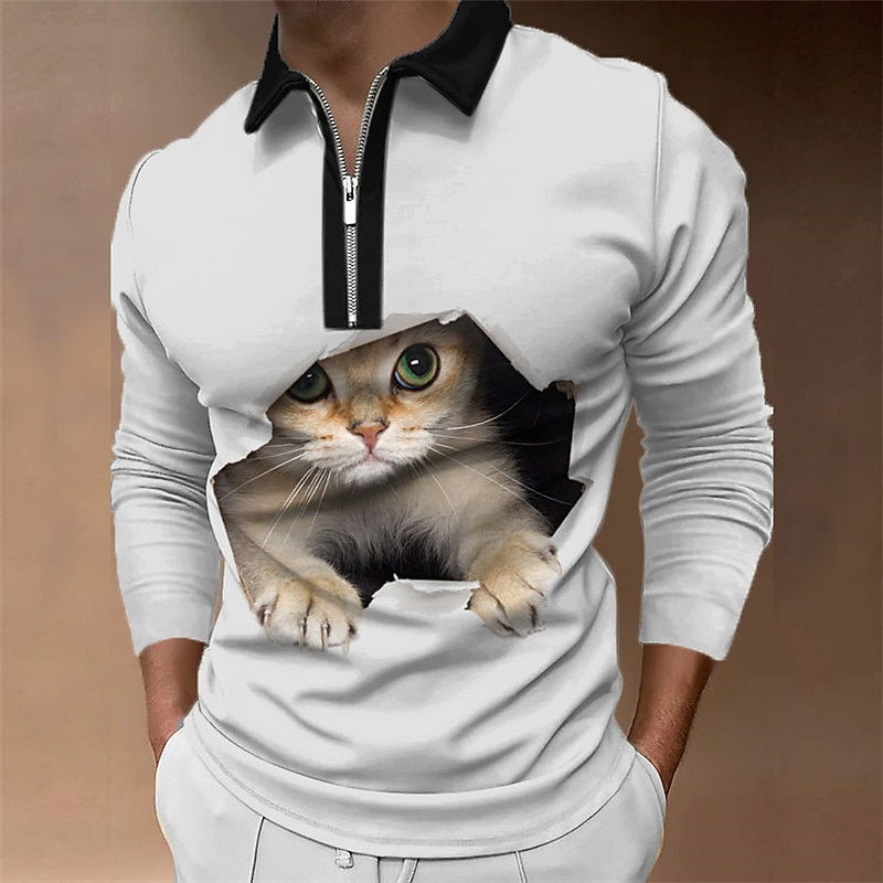 Men's Cat Zip Polo Shirts Golf Shirt Long Sleeve Polo Shirts Collared Shirts Casual Funny Streetwear Vacation Wear Party Outfits 3D Print Quarter Zip Polo Black Blue White+Gray2