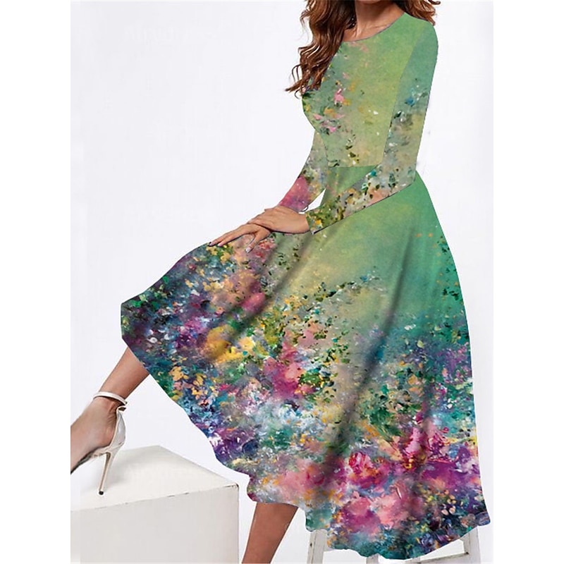 Women's Midi Dress Casual Dress Winter Dress Swing Dress Fashion Modest Formal Outdoor Party Regular Fit Floral Long Sleeve Crew Neck Green Spring Fall Winter Autumn