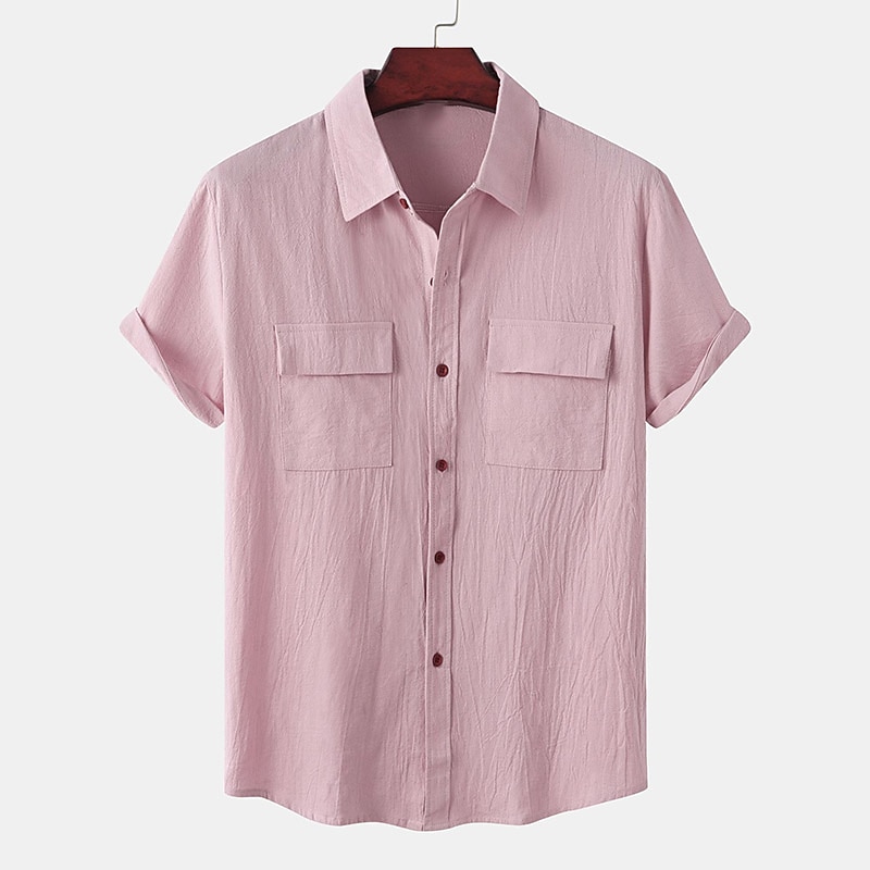 Men's Linen Shirt Summer Shirt Beach Wear Button Up Shirt Plain Vacation Casual Light Pink White Light Green Red Short Sleeve Turndown Summer Clothing Apparel4
