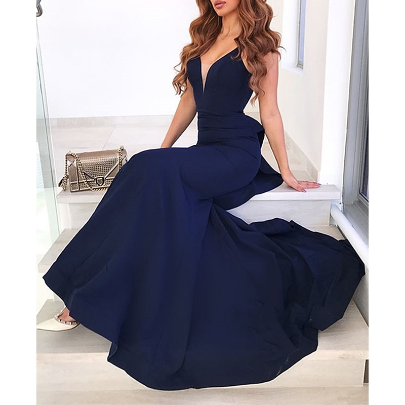 Mermaid Evening Gown Open Back Dress Formal Wedding Guest Court Train Sleeveless V Neck Stretch Fabric with Bow(s) Ruffles Masquerade Dress2