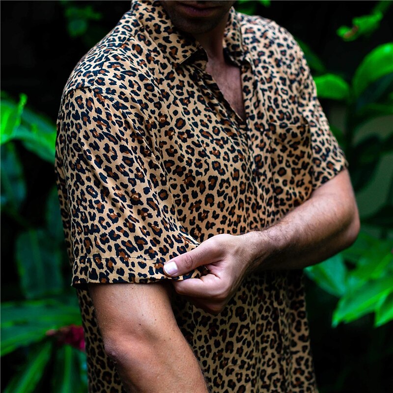 Men's Leopard Shirt Button Up Shirt Short Sleeve Tropical Fashion Hawaiian Outdoor Beach Summer Spring Turndown Print Button-Down Brown2