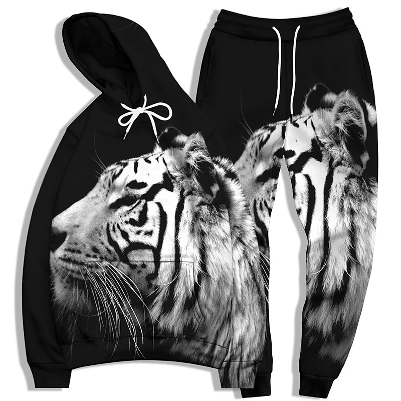 Men's Tracksuit Hoodies Set Black And White Black White+Black Yellow Light Grey Hooded Graphic Tiger 2 Piece Print Sports & Outdoor Casual Sports 3D Print Basic Streetwear Casual Fall Spring Clothing3