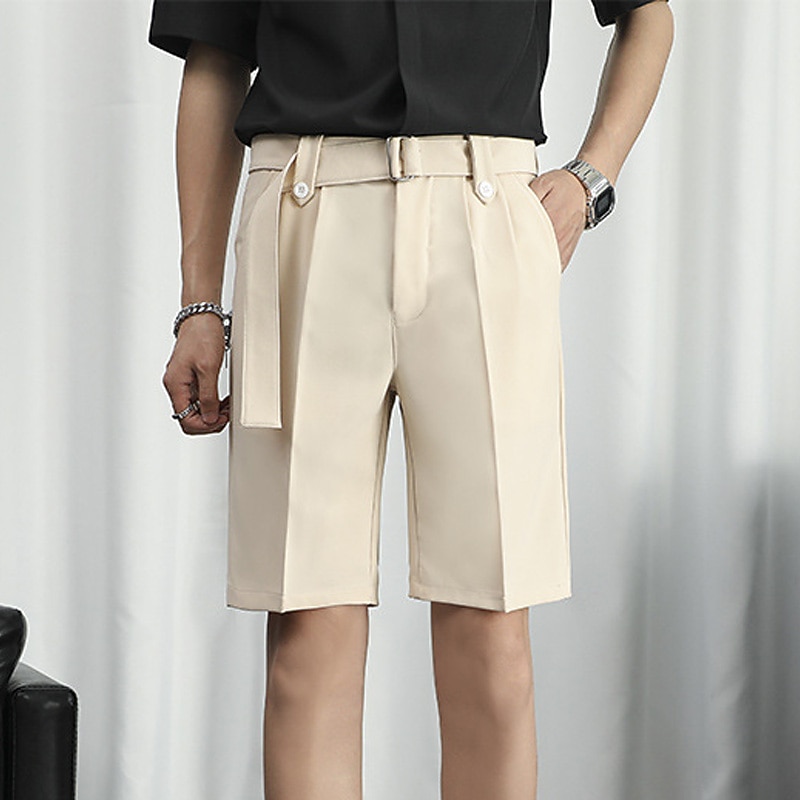 Men's Dress Shorts Summer Shorts Bermuda shorts Work Shorts Pleated Plain Outdoor Going out Fashion Streetwear Black White Micro-elastic