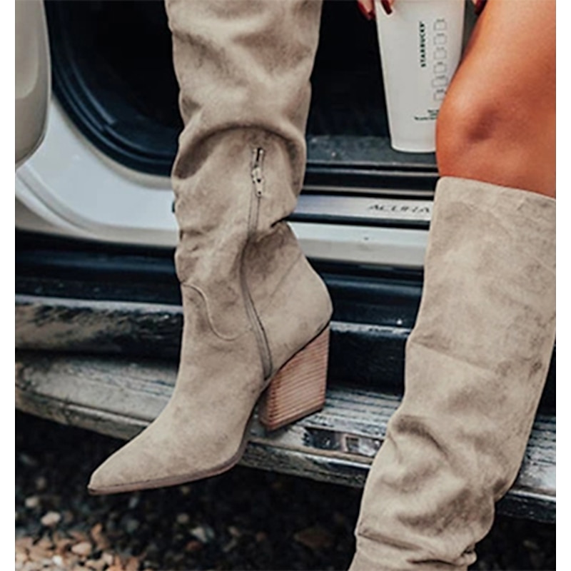 Women's Taupe Suede Knee-High Western Boots with Block Heel, Stylish Pointed Toe Boots for Casual and Outdoor Wear4