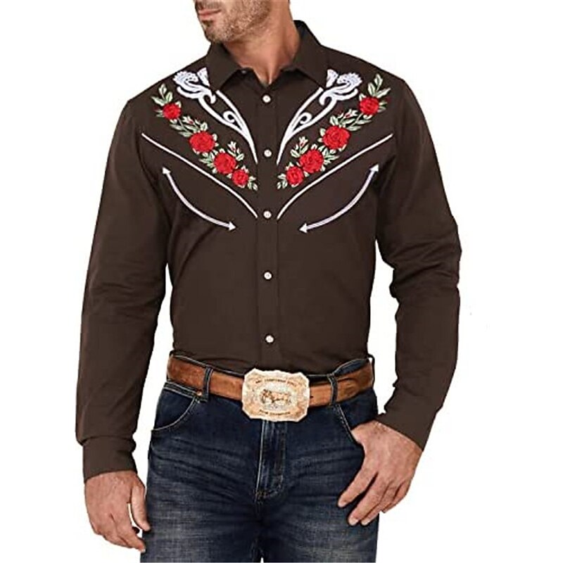 Men's Floral Graphic Prints Shirt Western Shirt Cowboy Shirt Long Sleeve Fashion Streetwear Designer Outdoor Daily Fall & Winter Turndown Print Button-Down Black White Wine Navy Blue Blue2