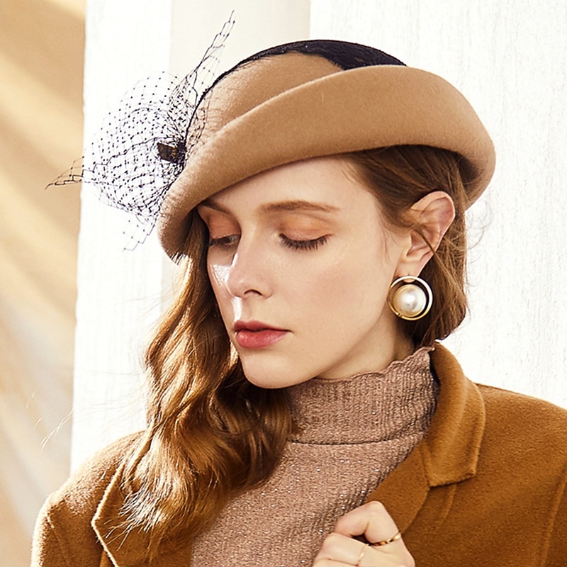 EE Autumn and Winter New Fashion Mesh Wool Hat British Elegant Banquet Beret Female