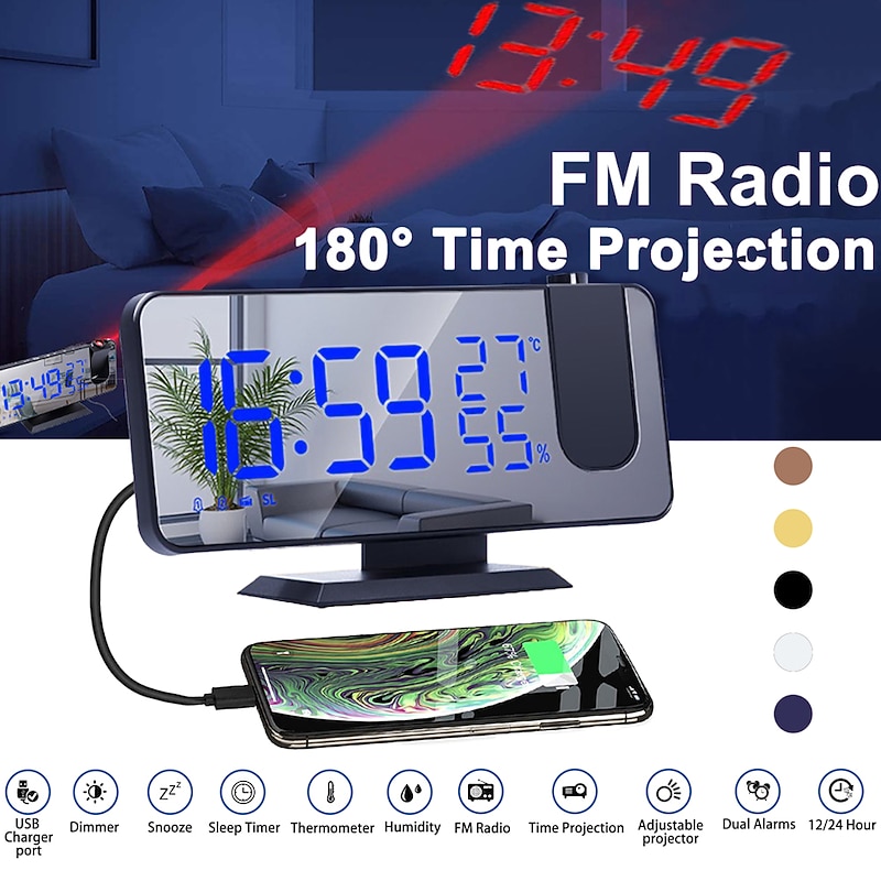 LED Digital Projection Alarm Clock Electronic Alarm Clock with Projection FM Radio Time Projector Bedroom Bedside Mute Clock