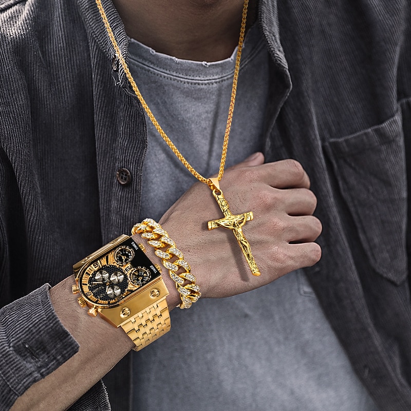 Oulm Men Quartz Watch Set Business Men's Wrist Watch Gift Set Luxury Gold Necklace Bracelet Stainless Steel Strap Square Dial New Year Gift Christmas Gift3