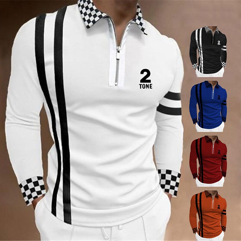 Men's Plaid Zip Polo Shirts Golf Shirt Long Sleeve Polo Shirts Collared Shirts Casual Vacation Wear Formal Wear Festival Wear 3D Print Quarter Zip Polo Black White Yellow