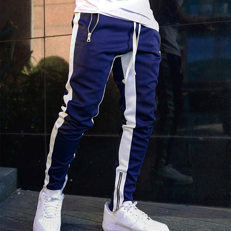 Men's Sweatpants Joggers Tapered pants Trousers Drawstring Elastic Waist Zipper Pocket Color Block Comfort Casual Daily Holiday Sports Stylish Black-White White & Blue Micro-elastic
