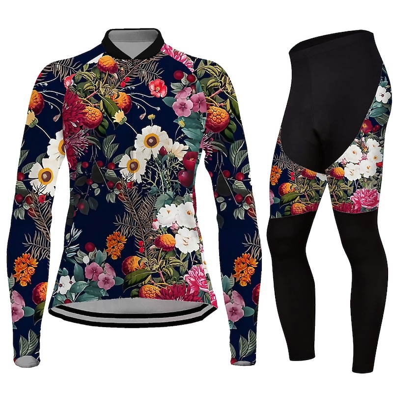 Women's Cycling Jersey with Tights Long Sleeve Mountain Bike MTB Road Bike Cycling Black Blue Purple Graphic Floral Botanical Bike Clothing Suit Thermal Warm 3D Pad Warm Breathable Quick Dry Polyester3