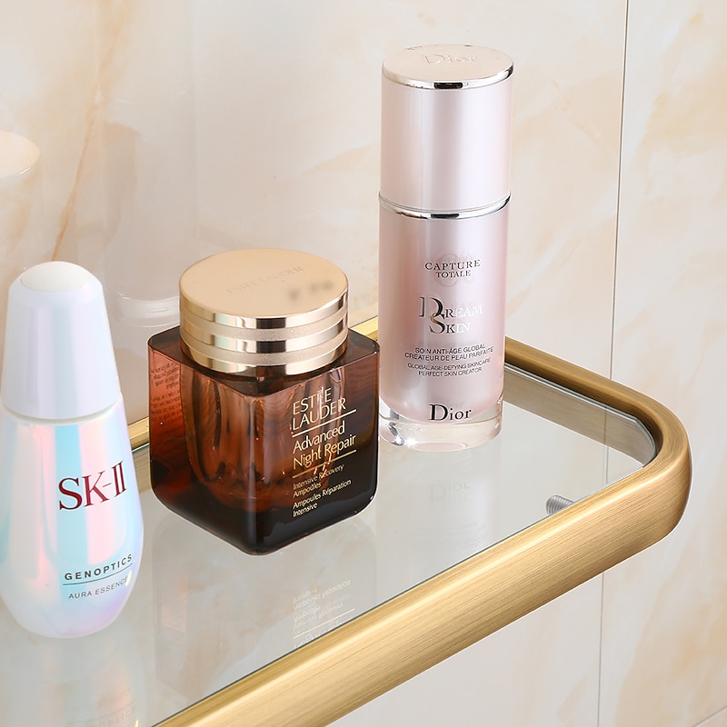 Bathroom Wall Mounted Single Layer Rectangle Glass Shelf Antique Brass Finish Bathroom Storage Bathroom Accessories Holder4