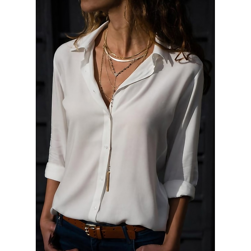 Women's Shirt Blouse Black White Blue Plain Long Sleeve Work Casual Shirt Collar S