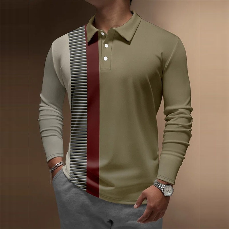 Men's Striped Polo Shirts Golf Shirt Long Sleeve Polo Shirts Collared Shirts Casual Vacation Wear Formal Wear Festival Wear 3D Print Buttons Khaki