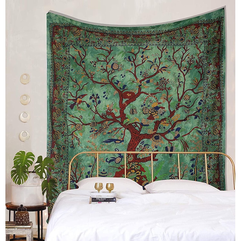 Tapestry Green Tree of Life Wall Hanging Psychedelic Tapestries Indian Cotton Twin Bedspread Picnic Sheet Wall Decor Blanket Wall Art Hippie Bedroom Livingroom2