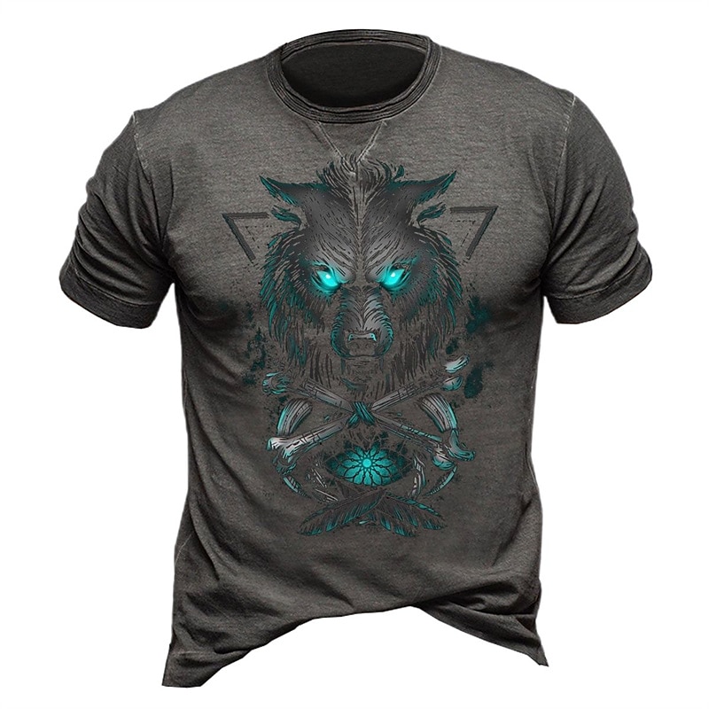Mens Graphic Tee, Fierce Wolf Head with Glowing Eyes Print, Tribal Bones Design, Dark Blue Casual T-Shirt2