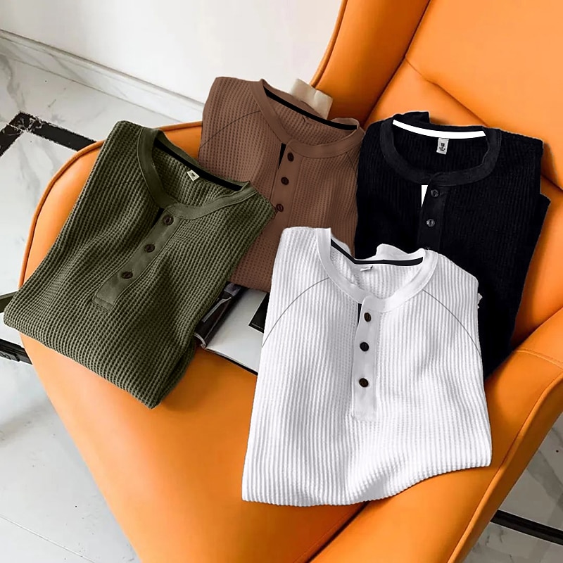 Men's Waffle Tee Button T Shirt Waffle Henley Shirt Henley Shirt Long Sleeve Henley Spring &  Fall Plain Fashion Streetwear Casual Button-Down Sports WorkWear Going out Black White Top Tee for Men2
