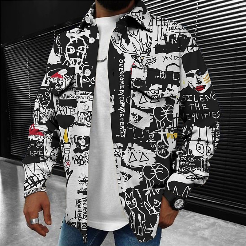 Men's Abstract Graffiti Shirt Shirt Jacket Overshirt Long Sleeve Sports Fashion Streetwear Outdoor Casual Daily Fall & Winter Turndown Print Button-Down Black White