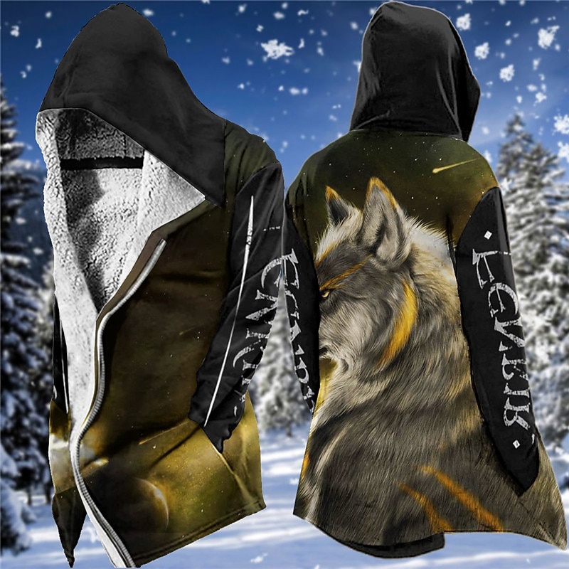 Men's Winter Coat Fleece Jacket Coat Sports & Outdoor Daily Wear Warm Breathable Zipper Pocket Fall & Winter Animal Wolf Fashion Streetwear Hoodie Long Regular Fit Black Yellow Blue Purple Green2