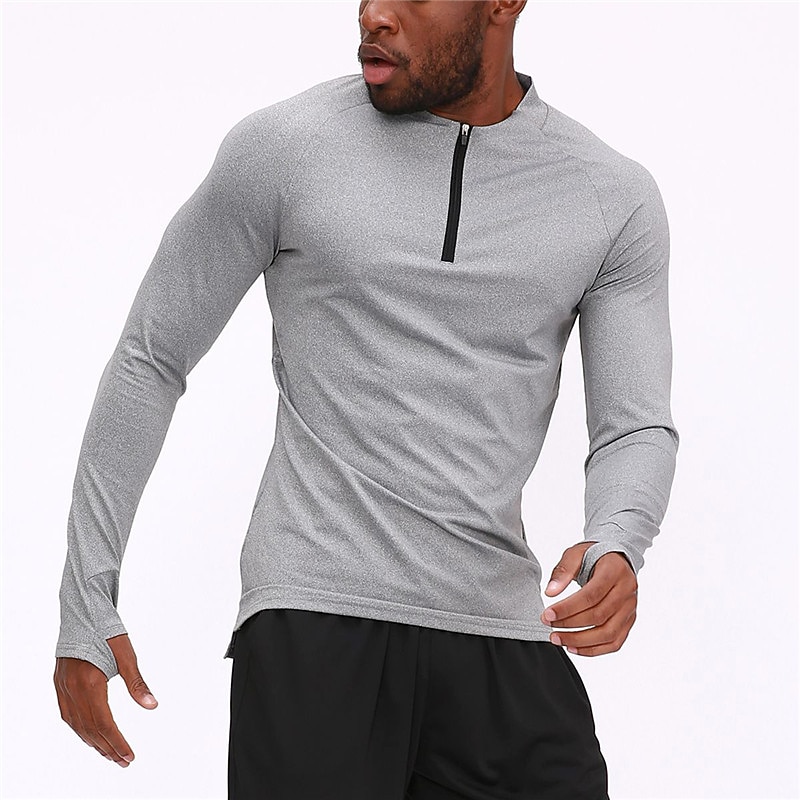 Men's Muscle Shirt Moisture Wicking Shirts Zip Half Shirt Tee Top Long Sleeve Standing Collar Spring &  Fall Plain Sports Fashion Workout Zipper Quick Dry Thumbhole Sports & Outdoor Street Daily
