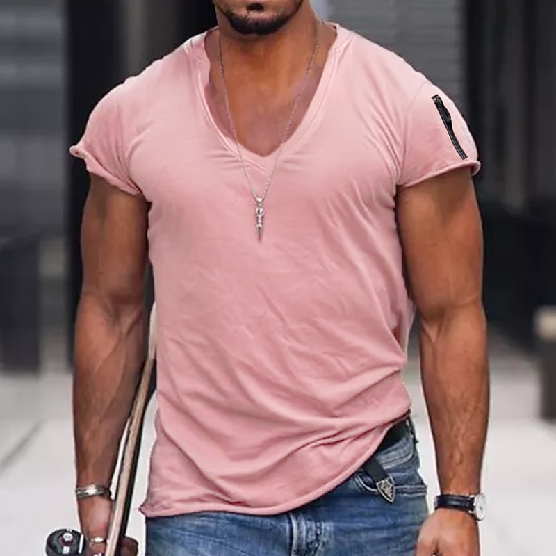 Men's T Shirt Short Sleeve V Neck Spring & Summer Plain Fashion Streetwear Pink Sports & Outdoor Sport Going out Black White Pink Top Tee for Men