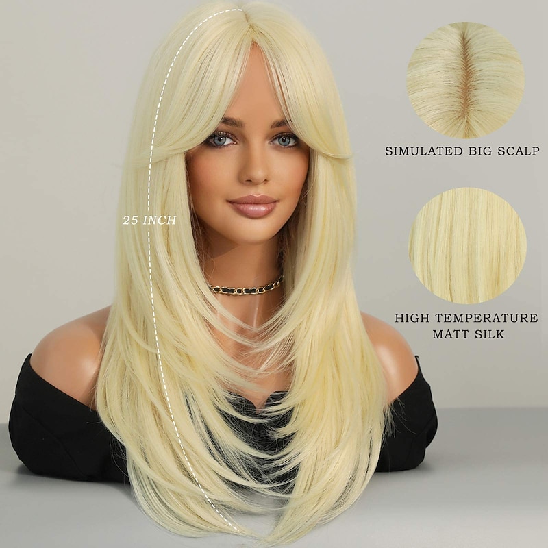 Long 613 Blonde Wig with Bangs Straight Wigs for WomenHeat Resistant Layered Synthetic Wigs for Daily Use3