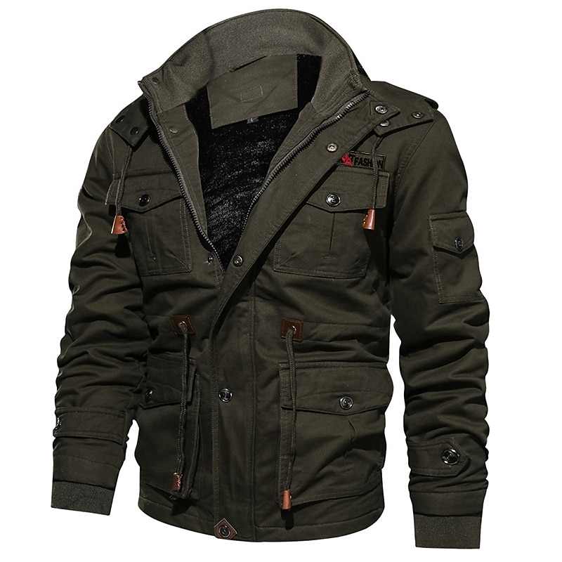 Men's Winter Jacket Winter Coat Work Jacket Outdoor Street Windproof Warm Drawstring Winter Solid Colored Fashion Keep Warm Stand Collar Regular Cotton Fleece Black Army Green Khaki Jacket2
