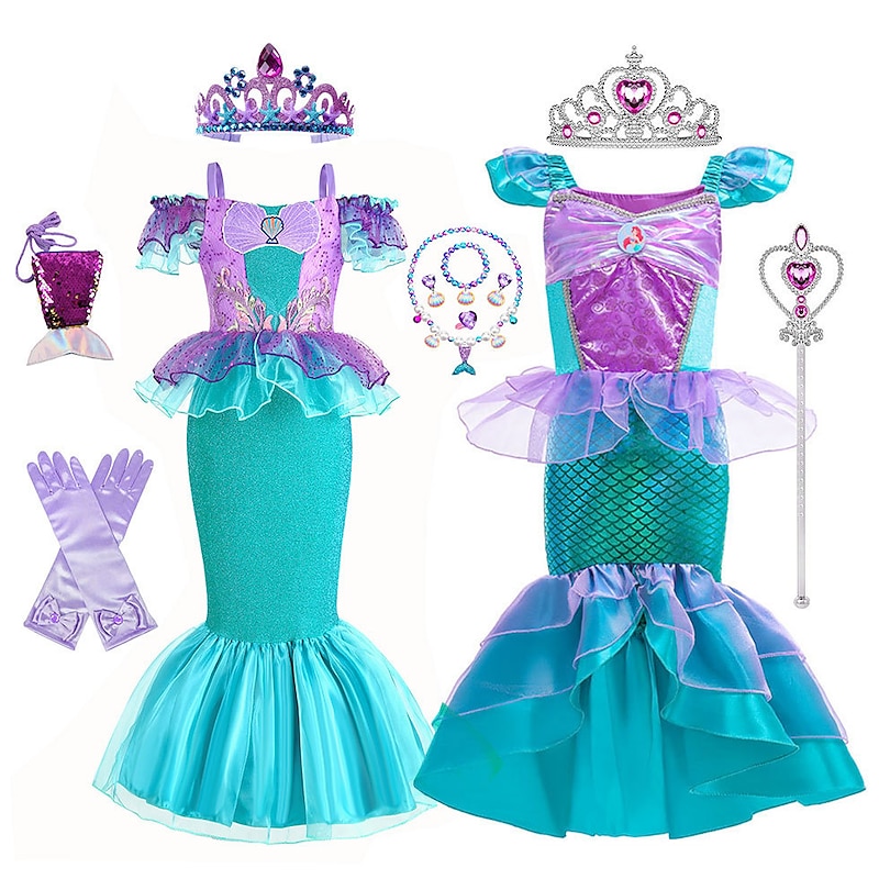 Little Mermaid Mermaid Tail Ariel Aqua Princess Dress Theme Party Costume Girls' Movie Cosplay Halloween Wig Accessories Set Dress Carnival Masquerade World Book Day Costumes