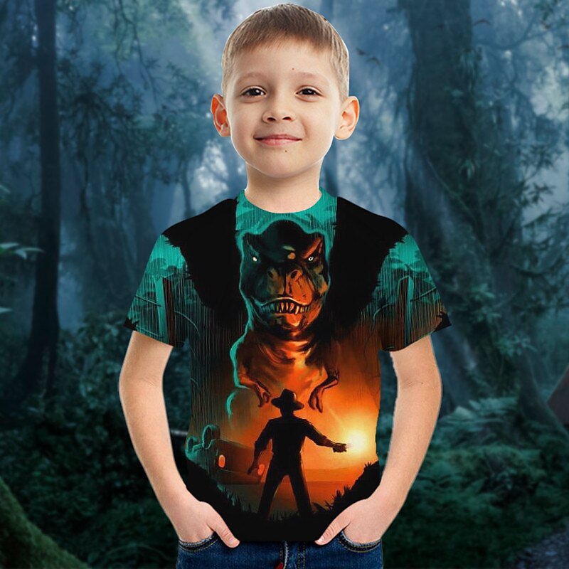 Kids Boys T shirt Tee Animal Dinosaur Short Sleeve Crewneck Children Top Casual 3D Print Cool Daily Summer Red 3-12 Years