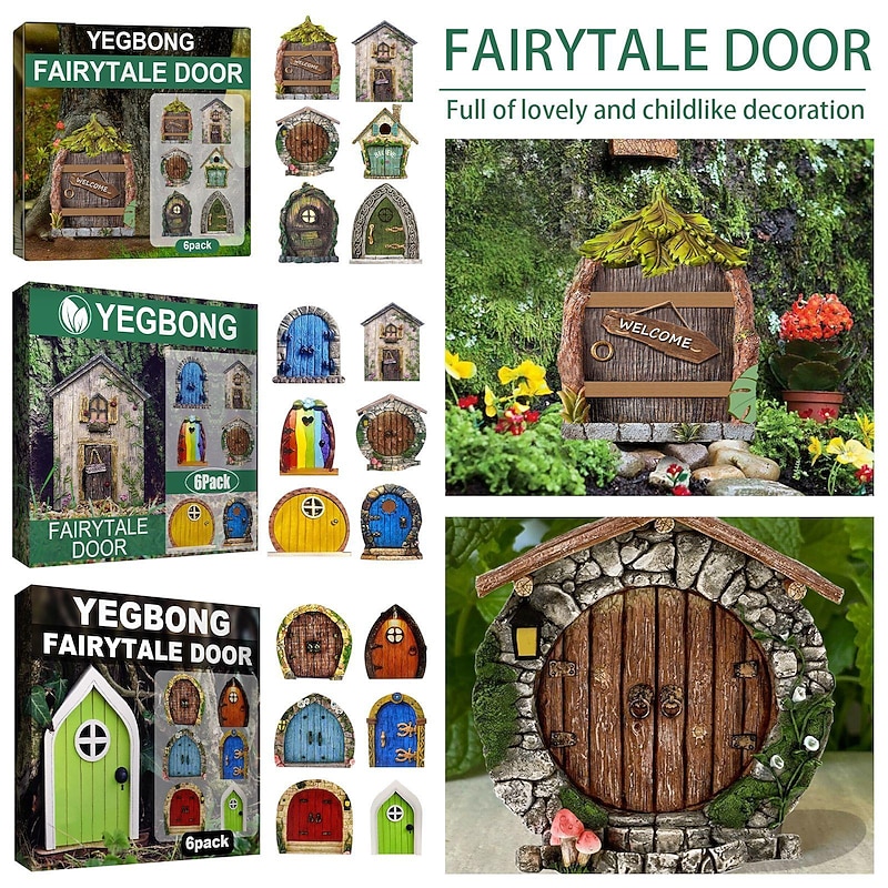 6pcs Fairy Garden Door for Tree Fairy Garden Outdoor Decor Accessories Fairytale Tiny House Doors Mini Gift for Multicolor