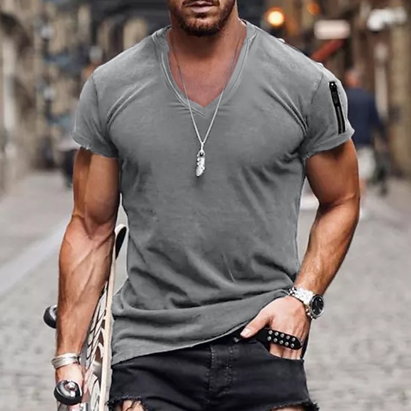 Men's T Shirt Short Sleeve V Neck Spring & Summer Plain Fashion Streetwear Pink Sports & Outdoor Sport Going out Black White Pink Top Tee for Men4