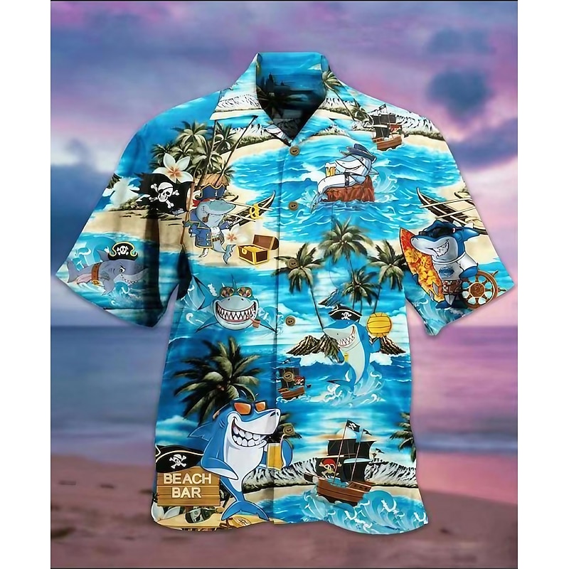 Men's Shark Fish Palm Tree Casual Shirt Summer Hawaiian Shirt Camp Collar Shirt Short Sleeves Shirt Turndown Hawaiian Designer Casual Going out A B C 3D Print S M L