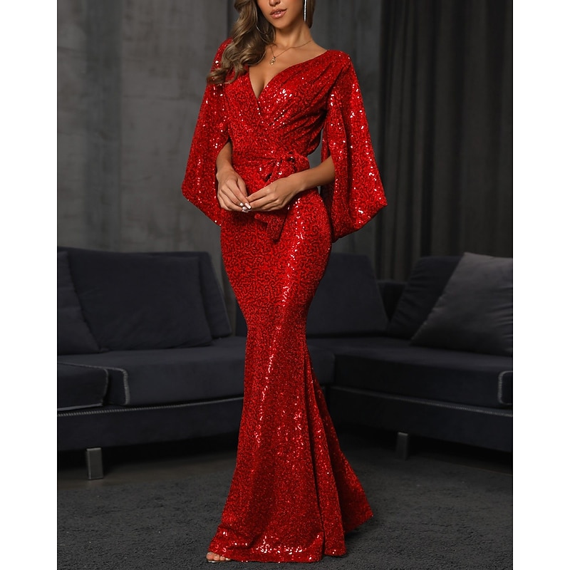 Mermaid Evening Gown Sequin Dress Formal Wedding Guest Floor Length Long Sleeve V Neck Fall Wedding Reception with Bow(s)