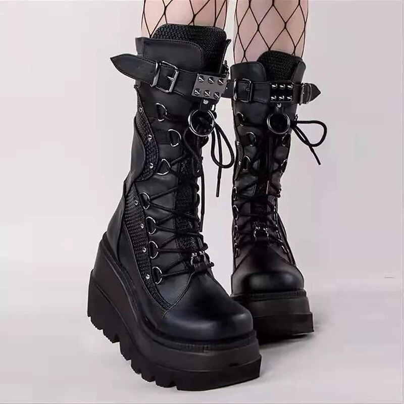 Women's Shoes Mid Calf Combat Boots Round-Toe Punk Lolita Punk & Gothic Chunky Heel Shoes Lolita Black White PU Leather2