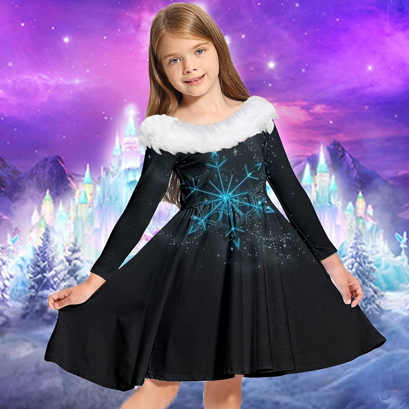 Kids Girls' Dress Snowflake Dress Snowflake Long Sleeve Casual Fur Trim Crewneck Adorable Daily Polyester Above Knee Casual Dress Swing Dress A Line Dress Fall Winter 2-13 Years Black Navy Blue Light3
