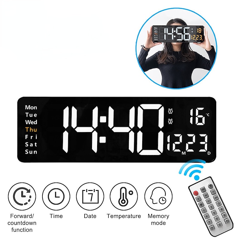 Large Digital Wall Clock Remote Control Temp Date Week Display Power Off Memory Table Clock Wall-mounted Dual Alarms LED Clocks