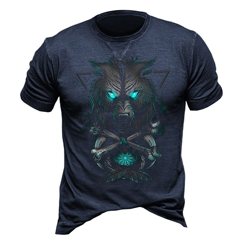 Mens Graphic Tee, Fierce Wolf Head with Glowing Eyes Print, Tribal Bones Design, Dark Blue Casual T-Shirt3