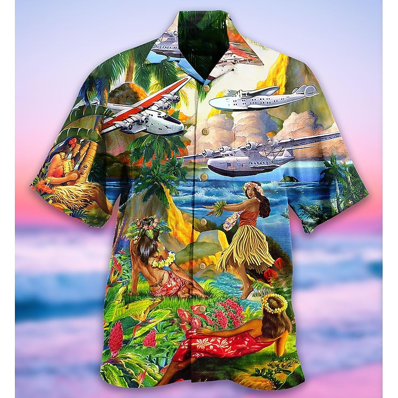 Men's Airplane Hula Girls Shirt Summer Hawaiian Shirt Aloha Shirt Short Sleeve Shirt Turndown Tropical Fashion Hawaiian Casual Hawaiian Holiday Blue S M L