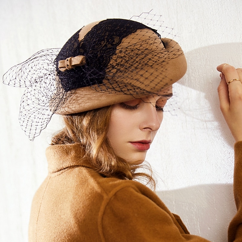 EE Autumn and Winter New Fashion Mesh Wool Hat British Elegant Banquet Beret Female2