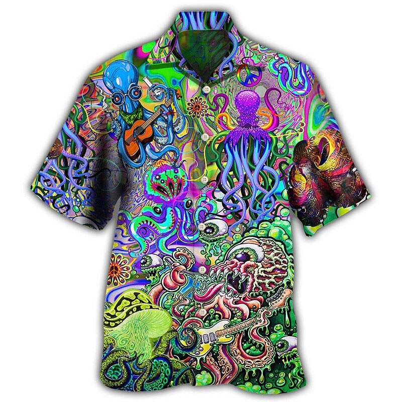 Men's Tropical Guitar Octopus Shirt Summer Hawaiian Shirt Aloha Shirt Short Sleeve Shirt Turndown Tropical Fashion Hawaiian Casual Hawaiian Holiday Yellow Red Purple S M L3