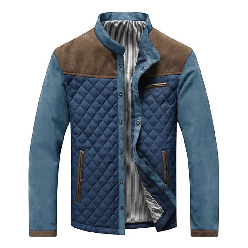 Men's Bomber Jacket Quilted Jacket Padded Button-Down Outdoor Camping & Hiking Climbing Short Jackets Windproof Warm Spring Fall Patchwork Coffee blue White gray blue Puffer Jacket2