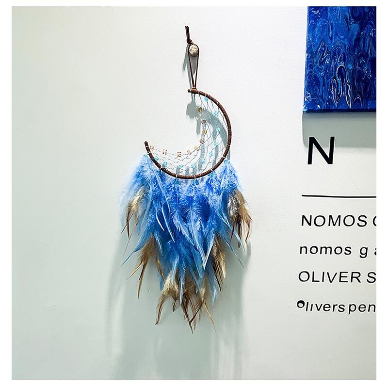 Moon Dream Catcher Handmade Gift Feather Hook Flower Wind Chime Ornament Wall Hanging Decor Art Boho Style 16x55cm/6.3''x22''3